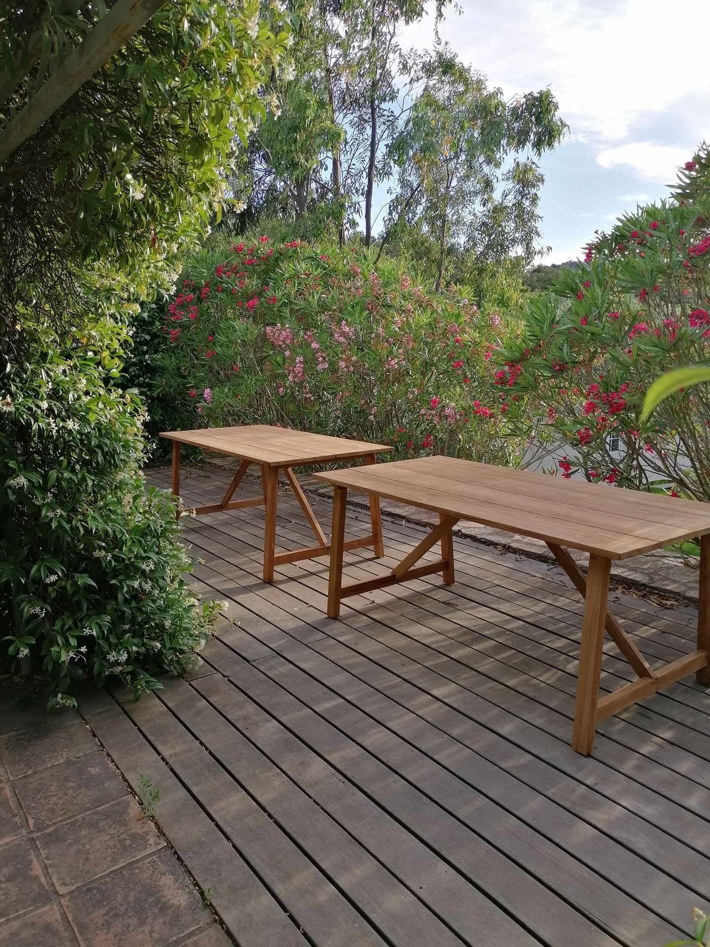 Teak tables on the deck